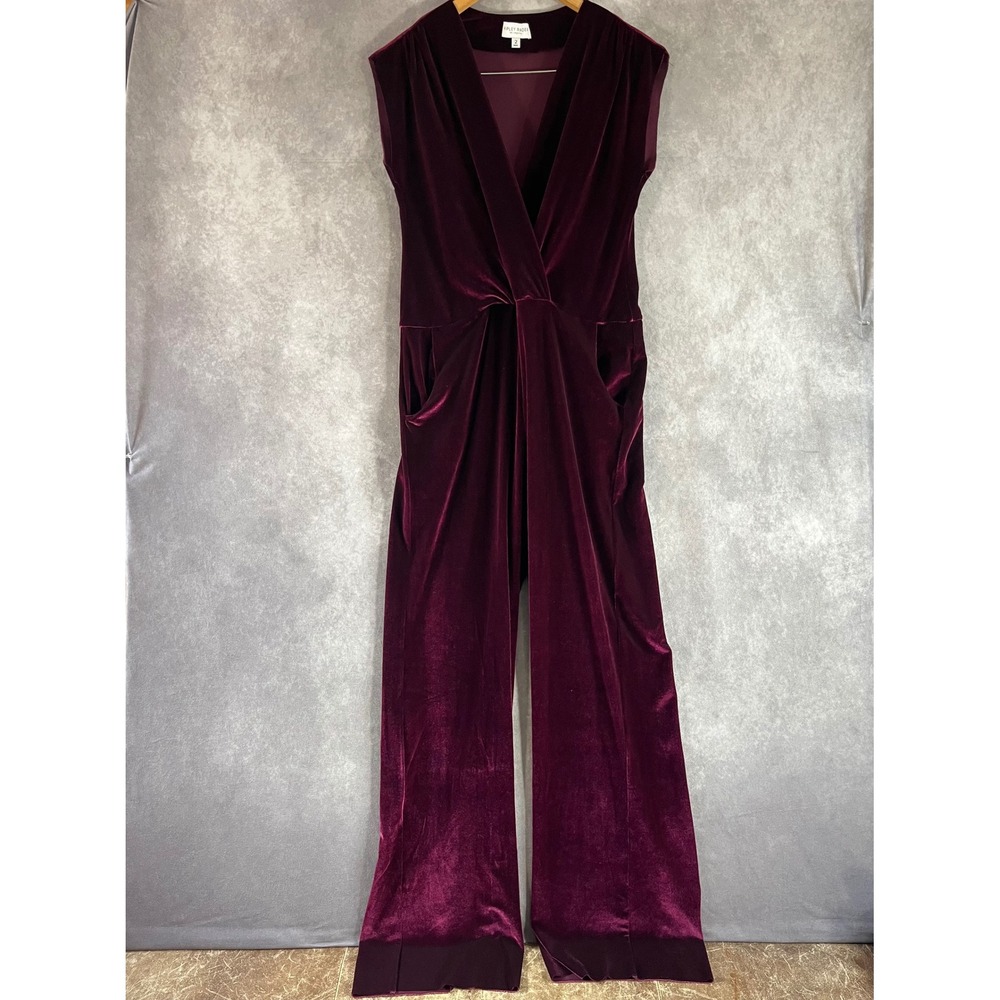 Ripley Rader Jumpsuit Womens 2 Burgundy Velvet Wide Leg V-Neck Sleeveless Pocket